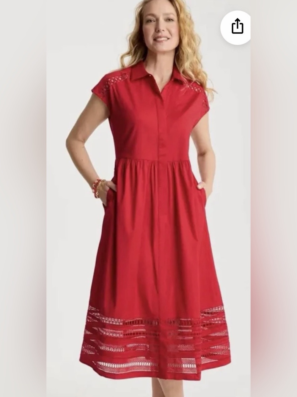 NWT Chico's Cherry Red Lace Trim Button Front Midi Shirt Dress Size 0
